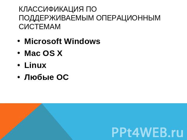 Классификация по поддерживаемым операционным системам Microsoft WindowsMac OS XLinuxЛюбые ОС