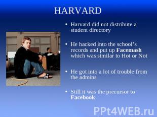 HARVARD Harvard did not distribute a student directoryHe hacked into the school’