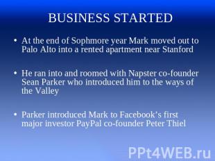 BUSINESS STARTED At the end of Sophmore year Mark moved out to Palo Alto into a