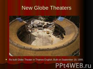 New Globe Theaters Re built Globe Theater in Thames English. Built on September