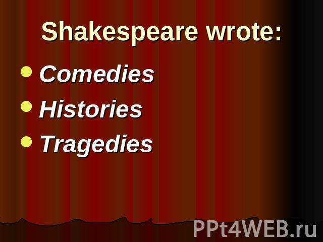 Shakespeare wrote: ComediesHistoriesTragedies