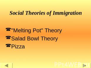 Social Theories of Immigration "Melting Pot" TheorySalad Bowl TheoryPizza