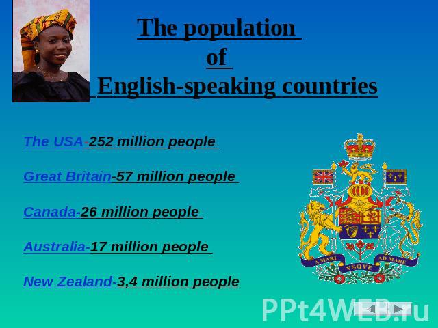 The population of English-speaking countries The USA-252 million people Great Britain-57 million people Canada-26 million people Australia-17 million people New Zealand-3,4 million people