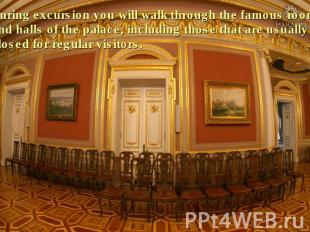 During excursion you will walk through the famous rooms and halls of the palace,