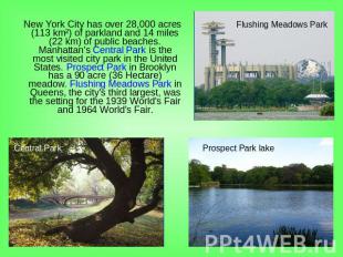 New York City has over 28,000 acres (113 km²) of parkland and 14 miles (22 km) o