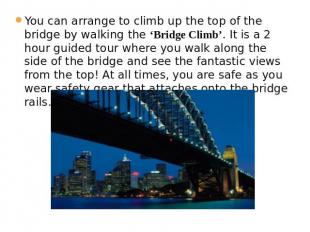 You can arrange to climb up the top of the bridge by walking the ‘Bridge Climb’.