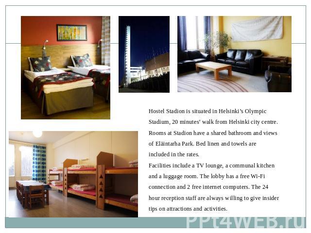 Hostel Stadion is situated in Helsinki’s OlympicStadium, 20 minutes’ walk from Helsinki city centre. Rooms at Stadion have a shared bathroom and viewsof Eläintarha Park. Bed linen and towels areincluded in the rates.Facilities include a TV lounge, a…
