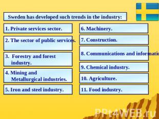 Sweden has developed such trends in the industry: 1. Private services sector. 2.