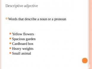 Descriptive adjective Words that describe a noun or a pronounYellow flowersSpaci