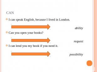CAN I can speak English, because I lived in London.abilityCan you open your book