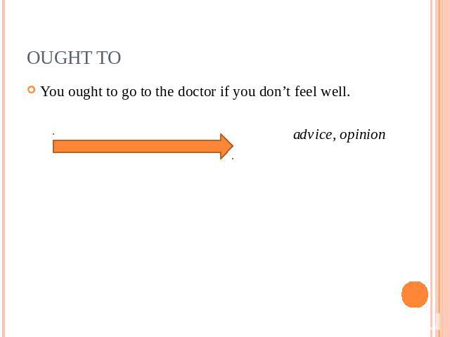 OUGHT TO You ought to go to the doctor if you don’t feel well.advice, opinion