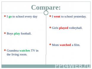 Compare: I go to school every dayBoys play football.Grandma watches TV in the li