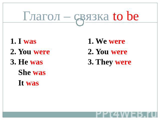 Глагол – связка to be 1. I was2. You were3. He was She was It was 1. We were2. You were3. They were