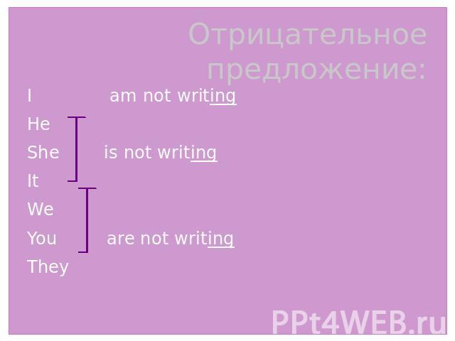 Отрицательное предложение: I am not writingHeShe is not writingItWeYou are not writingThey