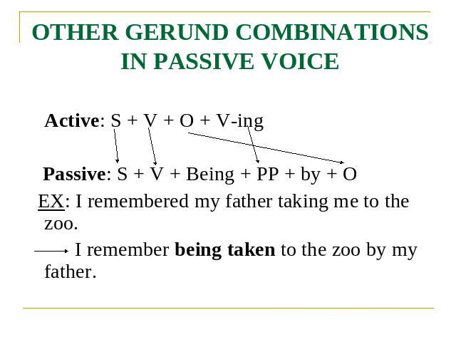 OTHER GERUND COMBINATIONS IN PASSIVE VOICE Active: S + V + O + V-ing Passive: S + V + Being + PP + by + O EX: I remembered my father taking me to the zoo. I remember being taken to the zoo by my father.