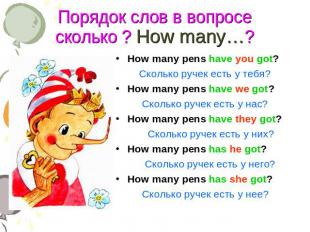 Порядок слов в вопросе сколько ? How many…? How many pens have you got? Сколько