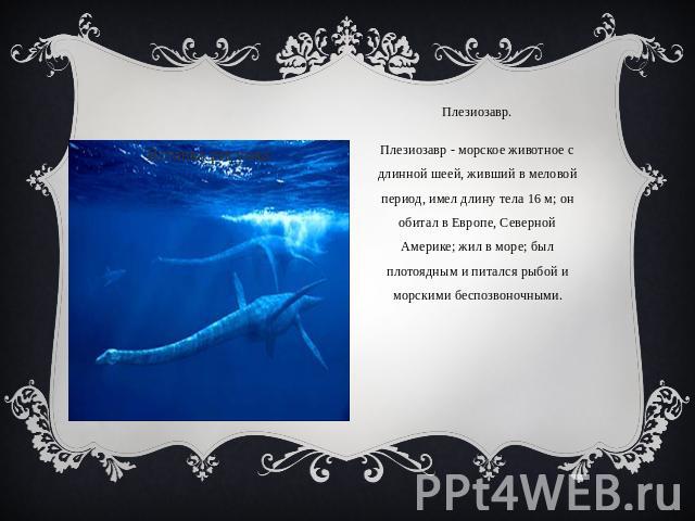 Плезиозавр.Плезиозавр - морское животное с длинной шеей, живший в меловой период, имел длину тела 16 м; он обитал в Европе, Северной Америке; жил в море; был плотоядным и питался рыбой и морскими беспозвоночными.