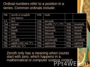 Ordinal numbers refer to a position in a series. Common ordinals include: Zeroth