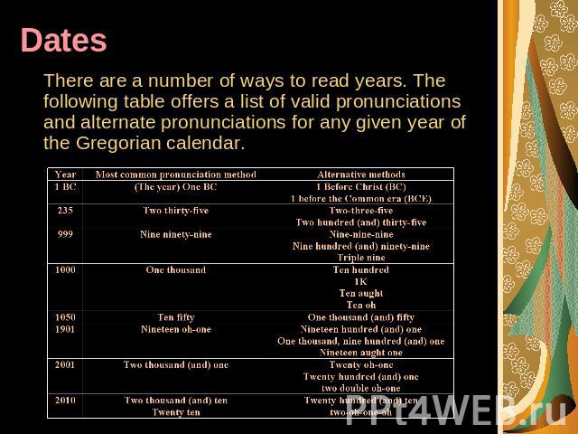 Dates There are a number of ways to read years. The following table offers a list of valid pronunciations and alternate pronunciations for any given year of the Gregorian calendar.