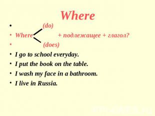 Where (do)Where + подлежащее + глагол? (does)I go to school everyday.I put the b