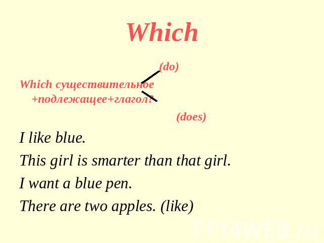 Which (do)Which существительное +подлежащее+глагол? (does) I like blue.This girl is smarter than that girl.I want a blue pen.There are two apples. (like)