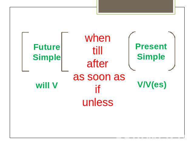 Future Simple will V whentillafter as soon asifunless Present Simple V/V(es)