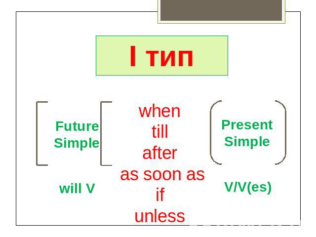 I тип Future Simple will V whentillafter as soon asifunless Present Simple V/V(es)