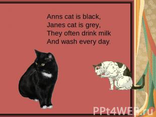 Anns cat is black,Janes cat is grey,They often drink milkAnd wash every day.