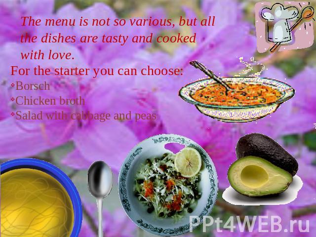 The menu is not so various, but all the dishes are tasty and cooked with love. For the starter you can choose:Borsch Chicken brothSalad with cabbage and peas