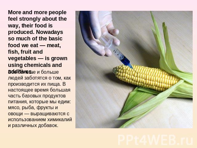 More and more people feel strongly about the way, their food is produced. Nowadays so much of the basic food we eat — meat, fish, fruit and vegetables — is grown using chemicals and additives. Все больше и больше людей заботятся о том, как производи…