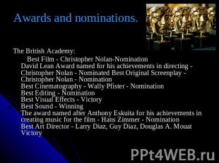Awards and nominations. The British Academy: Best Film - Christopher Nolan-Nomin