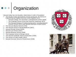 Organization Harvard today has nine faculties, listed below in order of foundati