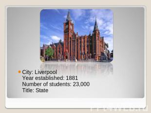 City: LiverpoolYear established: 1881Number of students: 23,000Title: State
