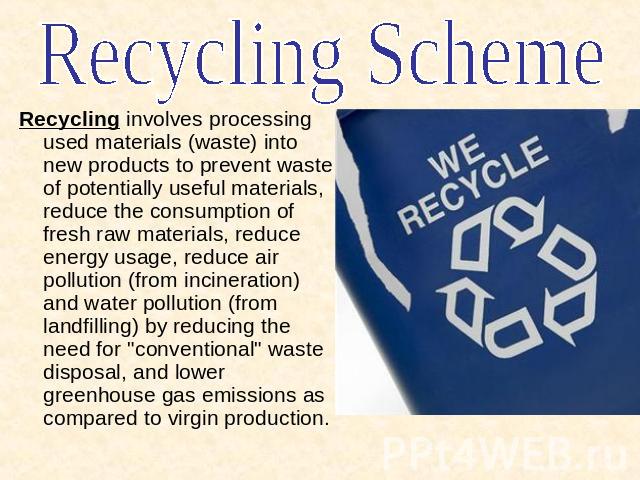 Recycling Scheme Recycling involves processing used materials (waste) into new products to prevent waste of potentially useful materials, reduce the consumption of fresh raw materials, reduce energy usage, reduce air pollution (from incineration) an…