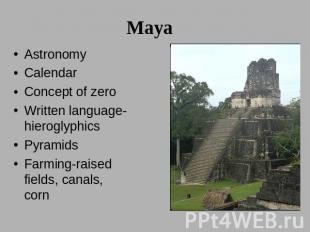 Maya AstronomyCalendarConcept of zeroWritten language-hieroglyphicsPyramidsFarmi