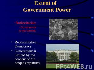 Extent of Government Power Authoritarian:Government is not limited. Representati