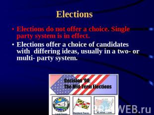 Elections Elections do not offer a choice. Single party system is in effect. Ele