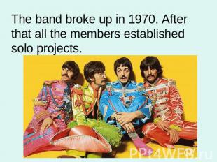 The band broke up in 1970. After that all the members established solo projects.