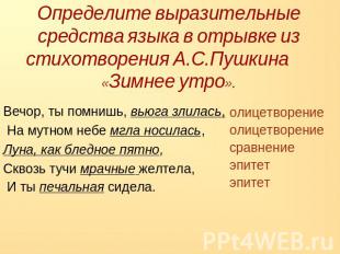 Определите выразительные средства языка в отрывке из стихотворения А.С.Пушкина «