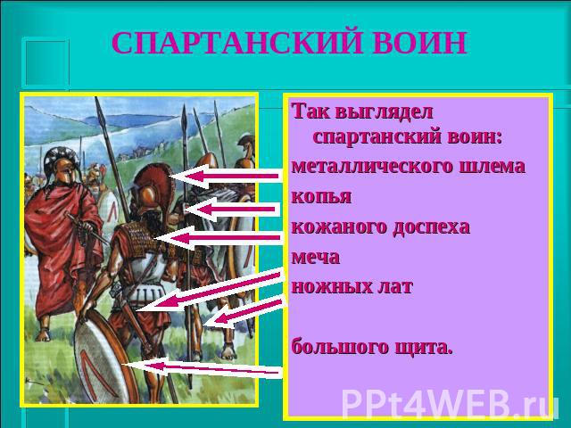СПАРТАНСКИЙ ВОИН Так выглядел спартанский воин: металлического шлема копья кожаного доспеха меча ножных лат большого щита.