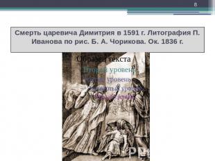 Смерть царевича Димитрия в 1591 г. Литография П. Иванова по рис. Б. А. Чорикова.