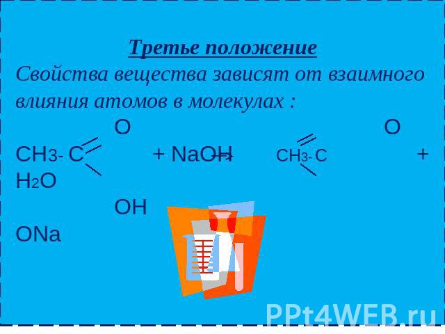 Третье положение Свойства вещества зависят от взаимного влияния атомов в молекулах : O O CH3- C + NaOH CH3- C + H2O OH ONa