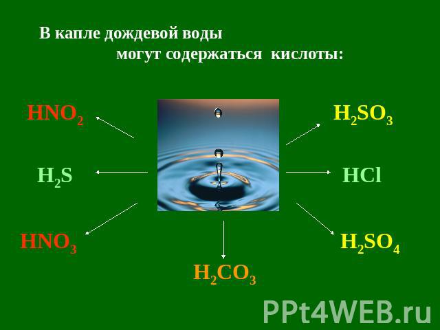 В капле дождевой воды могут содержаться кислоты: HNO2 H2S HNO3 H2CO3 H2SO4 HCl H2SO3