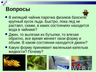 В кипящий чайник парочка физиков бросила крупный кусок льда. Быстро, пока лед не