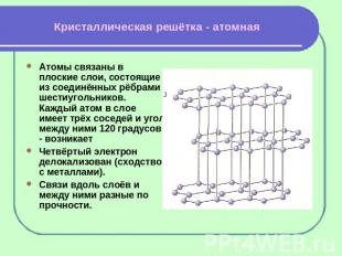 Кристаллическая решётка - атомная Атомы связаны в плоские слои, состоящие из сое