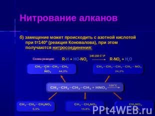 Нитрование алканов б) замещение может происходить с азотной кислотой при t=140º