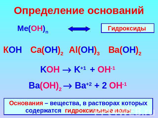 Определение оснований Ме(ОН)n Гидроксиды Основания – вещества, в растворах которых содержатся гидроксильные ионы