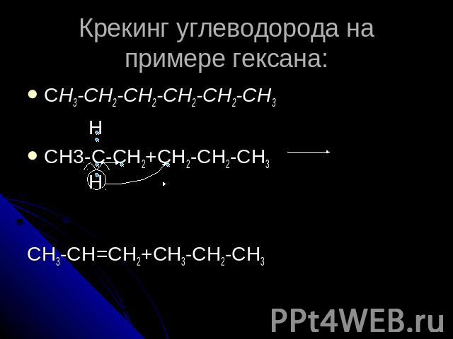 Крекинг углеводорода на примере гексана: СH3-CH2-CH2-CH2-CH2-CH3 H CH3-C-CH2+CH2-CH2-CH3 CH3-CH=CH2+CH3-CH2-CH3