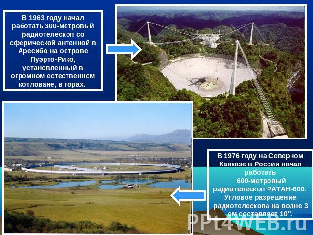 В 1963 году начал работать 300-метровый радиотелескоп со сферической антенной в Аресибо на острове Пуэрто-Рико, установленный в огромном естественном котловане, в горах. В 1976 году на Северном Кавказе в России начал работать 600-метровый радиотелес…