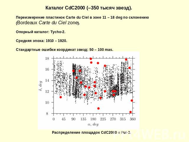 Каталог CdC2000 (350 тысяч звезд). Переизмерение пластинок Carte du Ciel в зоне 11 – 18 deg по склонению (Bordeaux Carte du Ciel zone). Опорный каталог: Tycho-2. Средняя эпоха: 1910 – 1920. Стандартные ошибки координат звезд: 50 – 100 mas. Распредел…